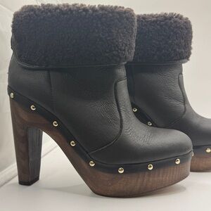 Eli Tahari Black Leather Shearling-Lined Convertible Platform Ankle Boots 37
